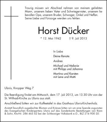 Traueranzeige von Horst Dücker von Schleswiger Nachrichten