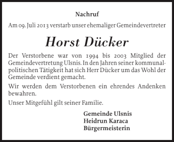 Traueranzeige von Horst Dücker von Schleswiger Nachrichten