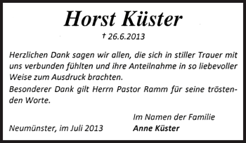 Traueranzeige von Horst Küster von Holsteinischer Courier