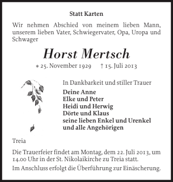 Traueranzeige von Horst Mertsch von Schleswiger Nachrichten