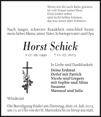 Traueranzeige von Horst Schick von Flensburger Tageblatt