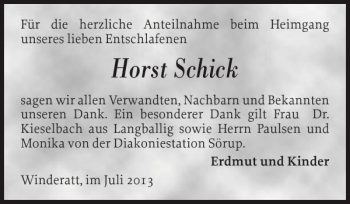 Traueranzeige von Horst Schick von Flensburger Tageblatt