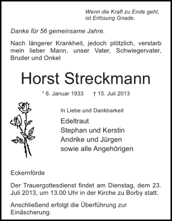 Traueranzeige von Horst Streckmann von Eckernförder Zeitung