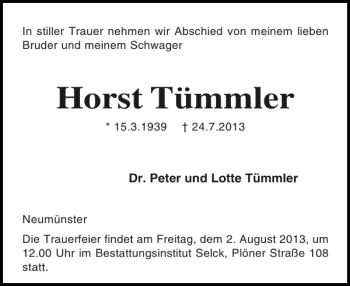 Traueranzeige von Horst Tümmler von Holsteinischer Courier