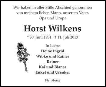 Traueranzeige von Horst Wilkens von Flensburger Tageblatt