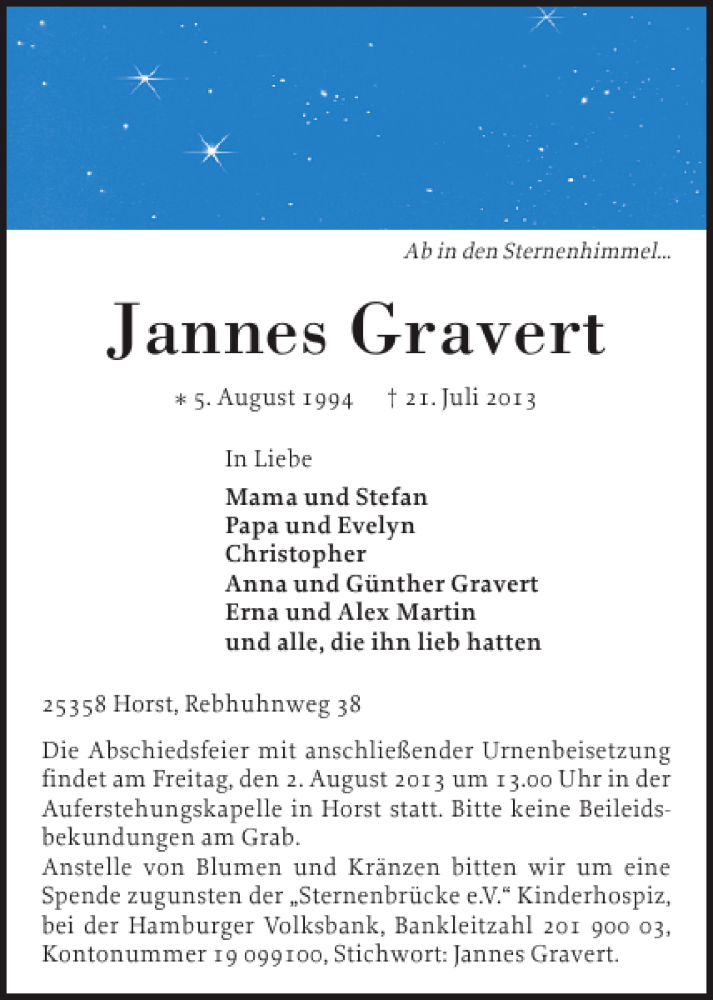  Traueranzeige für Jannes Gravert vom 25.07.2013 aus Norddeutsche Rundschau
