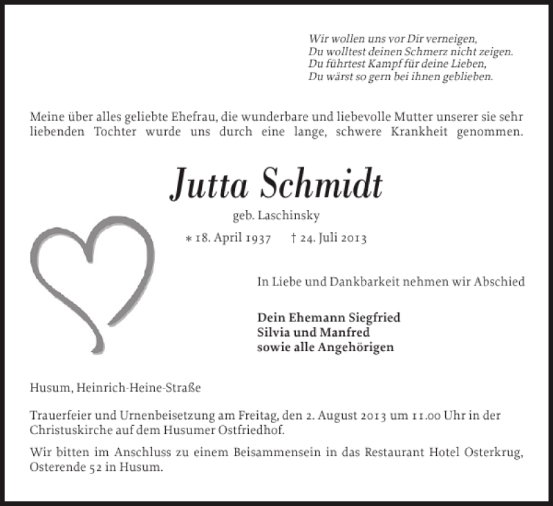  Traueranzeige für Jutta Schmidt vom 29.07.2013 aus Husumer Nachrichten