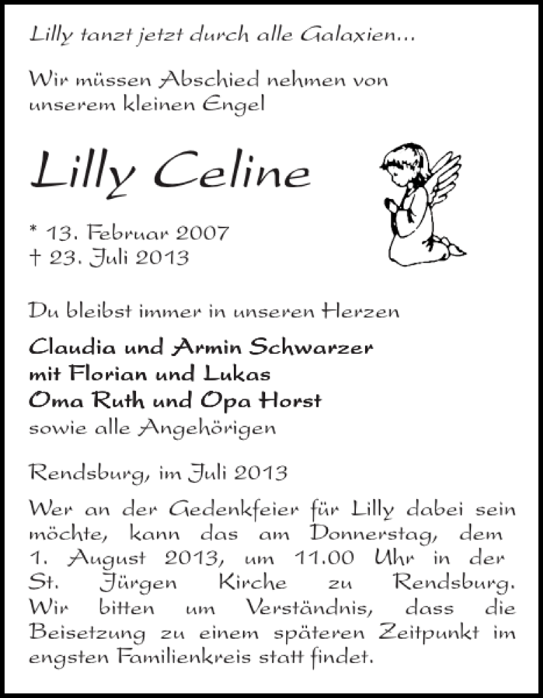  Traueranzeige für Lilly Celine vom 29.07.2013 aus Landeszeitung