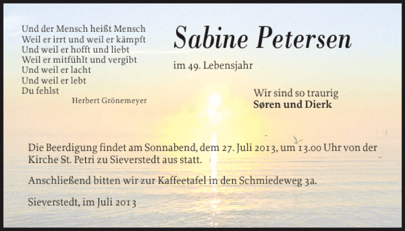  Traueranzeige für Sabine Petersen vom 26.07.2013 aus Flensburger Tageblatt