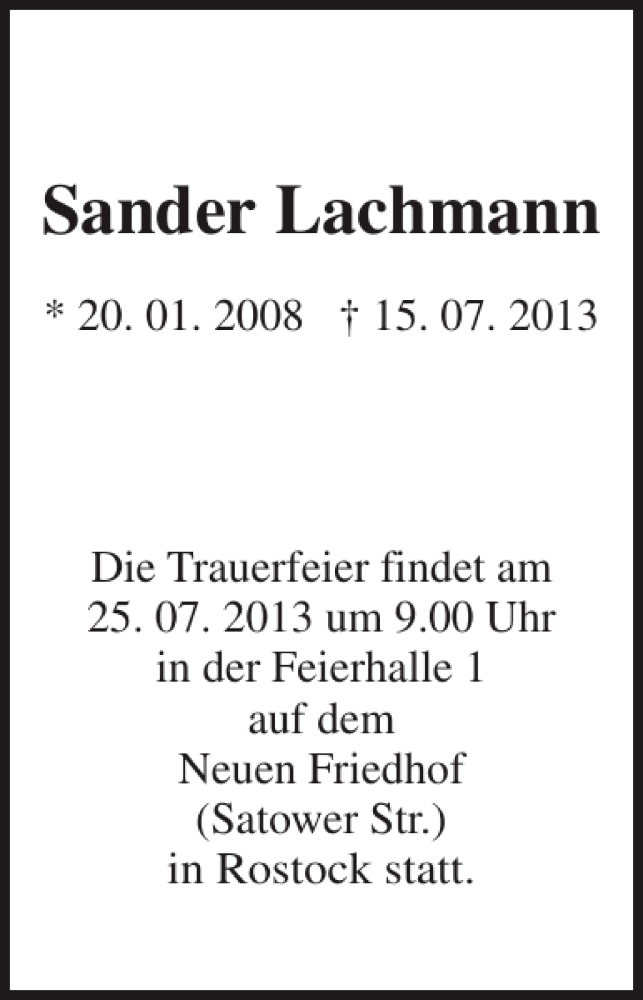  Traueranzeige für Sander Lachmann vom 20.07.2013 aus Stormarner Tageblatt