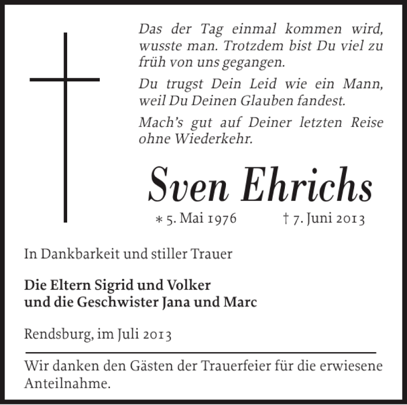  Traueranzeige für Sven Ehrichs vom 20.07.2013 aus Landeszeitung