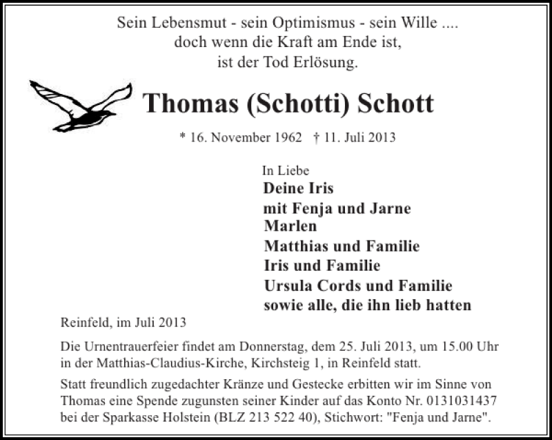  Traueranzeige für Thomas (Schotti) Schott vom 20.07.2013 aus Stormarner Tageblatt