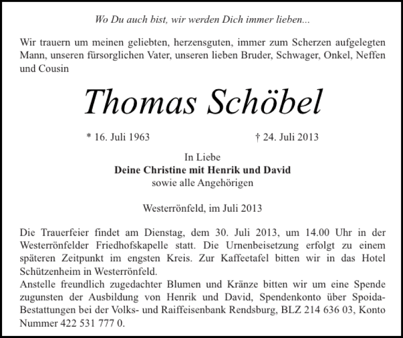  Traueranzeige für Thomas Schöbel vom 27.07.2013 aus Landeszeitung
