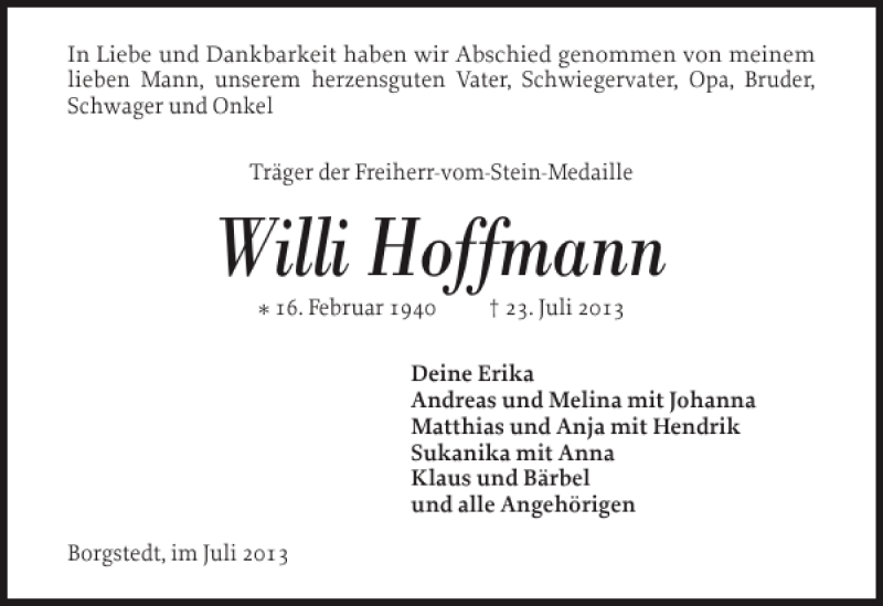  Traueranzeige für Willi Hoffmann vom 31.07.2013 aus Landeszeitung