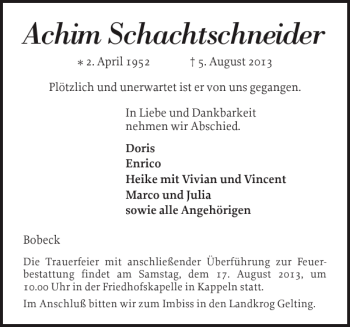 Traueranzeige von Achim Schachtschneider von Flensburger Tageblatt
