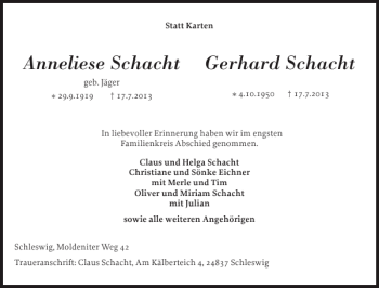 Traueranzeige von Anneliese Schacht Gerhard Schacht von Schleswiger Nachrichten