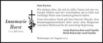 Traueranzeige von Annemarie Horst von Norddeutsche Rundschau