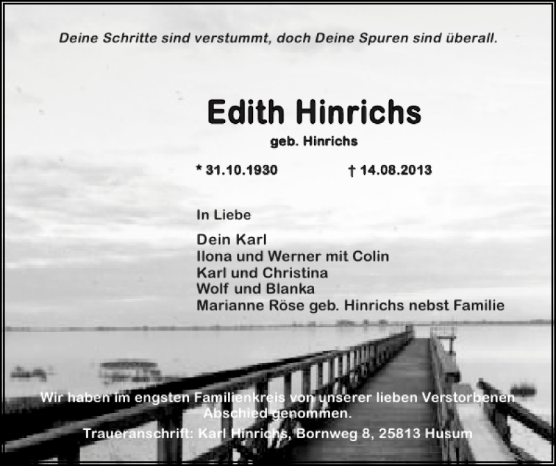  Traueranzeige für Edith Hinrichs vom 23.08.2013 aus Husumer Nachrichten