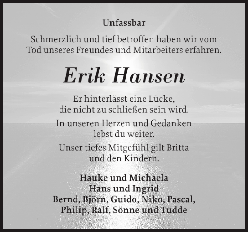  Traueranzeige für Erik Hansen vom 08.08.2013 aus Der Insel-Bote