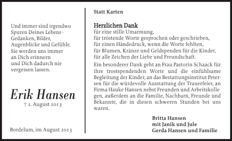  Traueranzeige für Erik Hansen vom 31.08.2013 aus Husumer Nachrichten