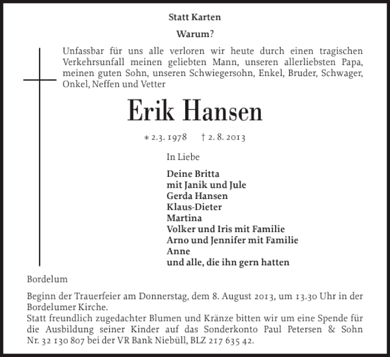  Traueranzeige für Erik Hansen vom 06.08.2013 aus Husumer Nachrichten