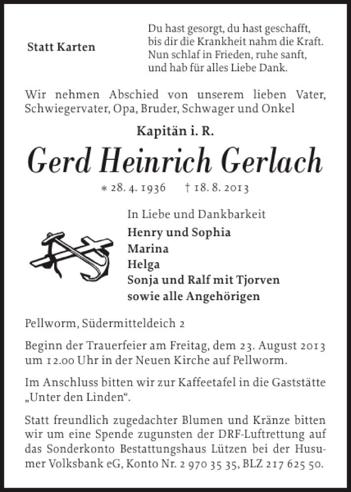  Traueranzeige für Gerd Heinrich Gerlach vom 20.08.2013 aus Husumer Nachrichten