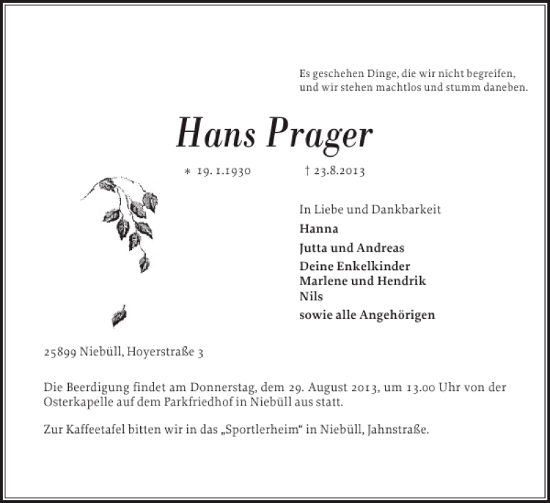  Traueranzeige für Hans Prager vom 26.08.2013 aus Nordfriesland Tageblatt