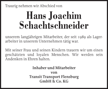 Traueranzeige von Hans Joachim Schachtschneider von Landeszeitung