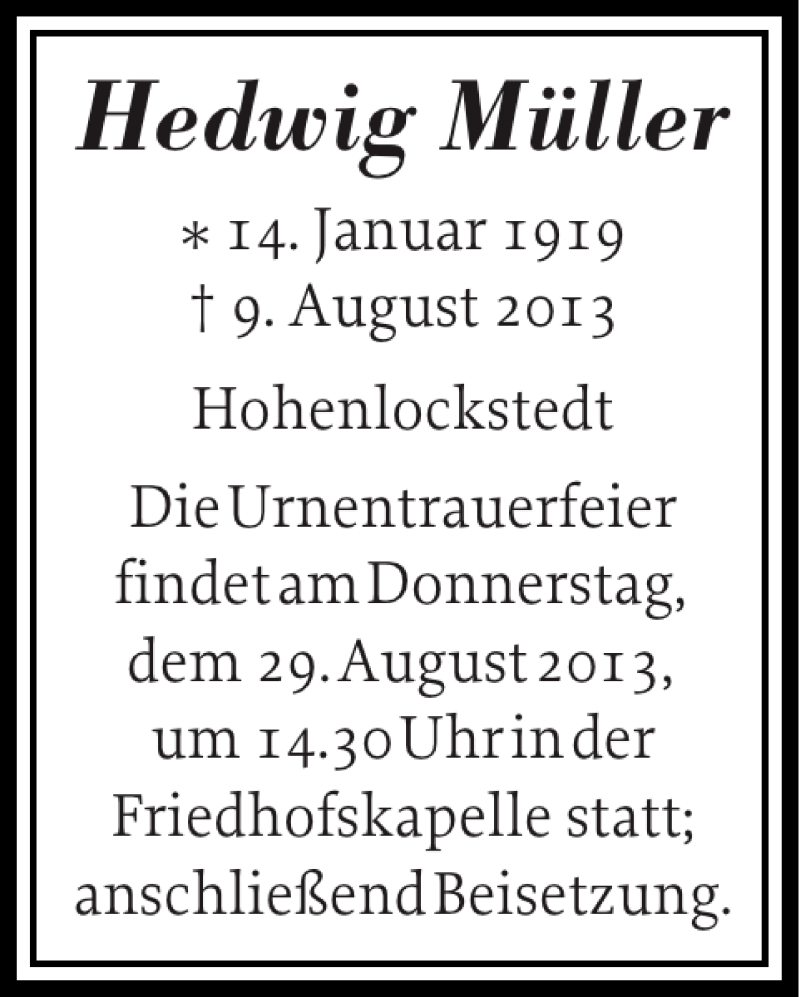  Traueranzeige für Hedwig Müller vom 27.08.2013 aus Norddeutsche Rundschau