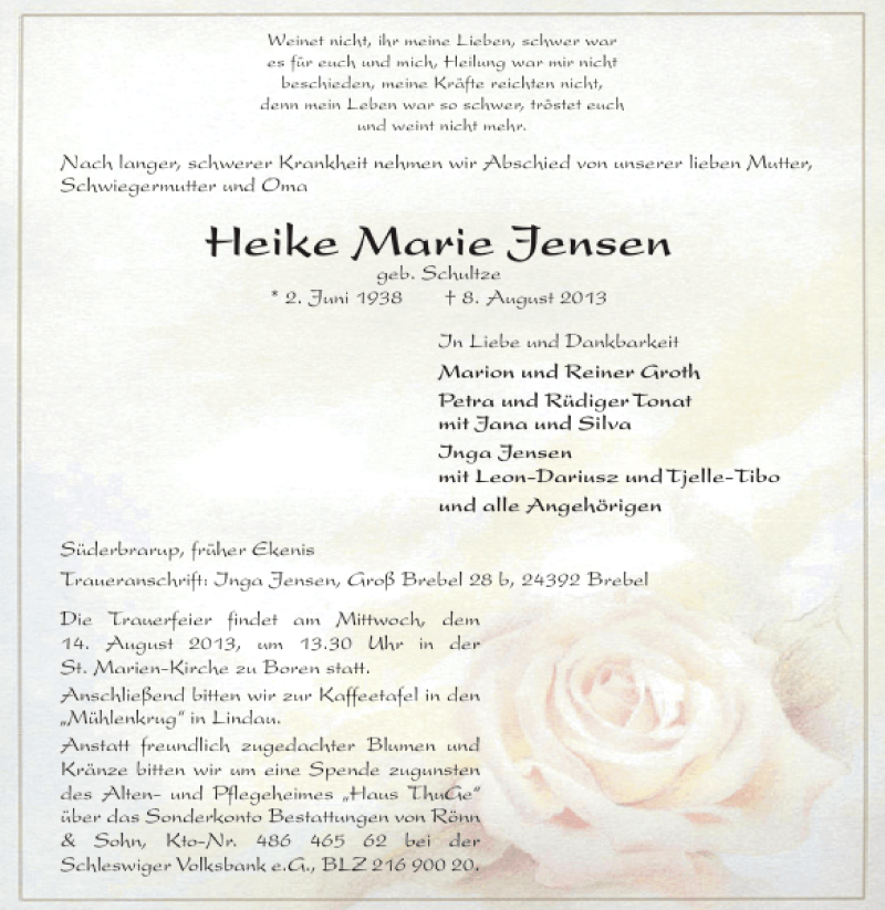  Traueranzeige für Heike Marie Jensen vom 10.08.2013 aus Flensburger Tageblatt