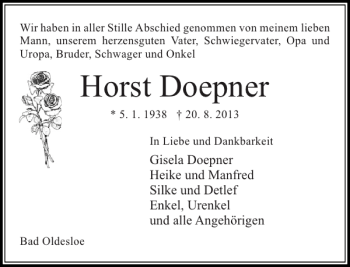 Traueranzeige von Horst Doepner von Stormarner Tageblatt