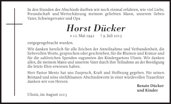 Traueranzeige von Horst Dücker von Schleswiger Nachrichten