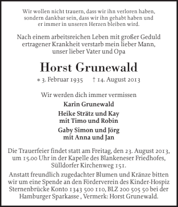 Traueranzeige von Horst Grunewald von Pinneberger Tageblatt