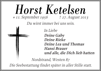 Traueranzeige von Horst Ketelsen von Husumer Nachrichten