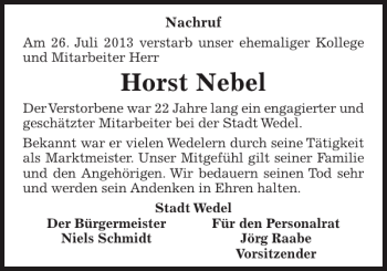 Traueranzeige von Horst Nebel von Pinneberger Tageblatt
