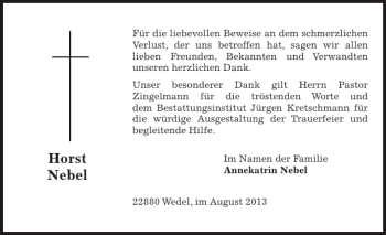 Traueranzeige von Horst Nebel von Pinneberger Tageblatt