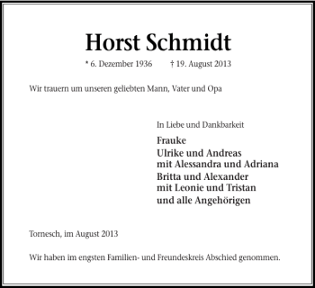 Traueranzeige von Horst Schmidt von Pinneberger Tageblatt