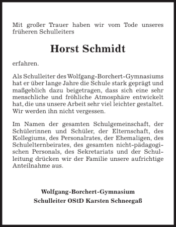 Traueranzeige von Horst Schmidt von Pinneberger Tageblatt