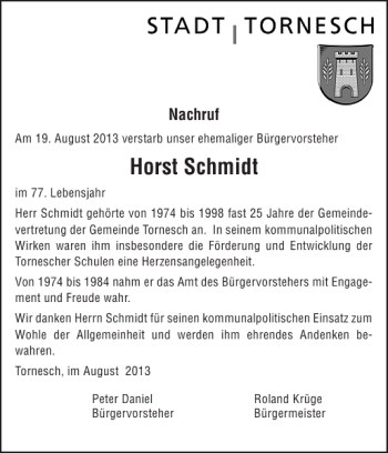 Traueranzeige von Horst Schmidt von Pinneberger Tageblatt