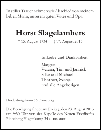 Traueranzeige von Horst Slagelambers von Pinneberger Tageblatt