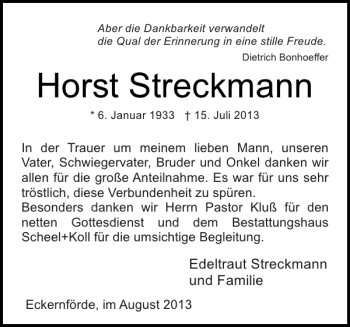 Traueranzeige von Horst Streckmann von Eckernförder Zeitung