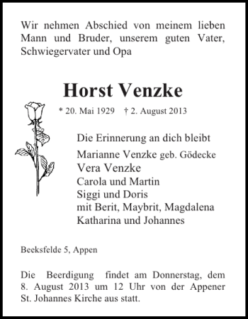 Traueranzeige von Horst Venzke von Pinneberger Tageblatt