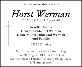 Traueranzeige von Horst Werman von Husumer Nachrichten