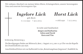 Traueranzeige von Ingelore Lück Horst Lück von Schleswiger Nachrichten