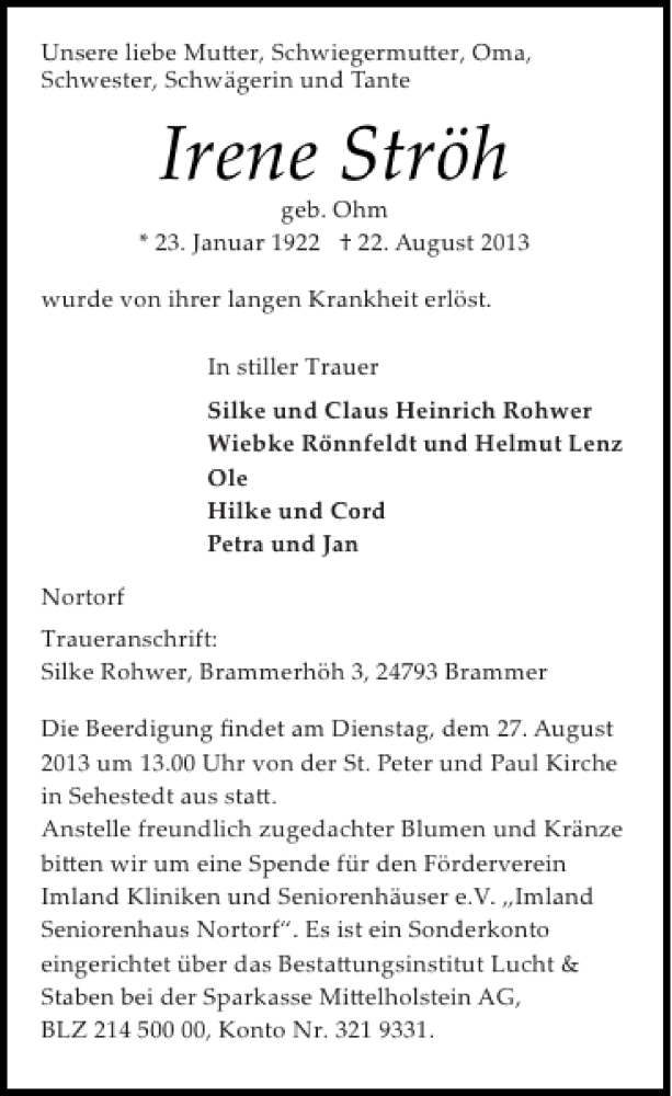  Traueranzeige für Irene Ströh vom 24.08.2013 aus Landeszeitung