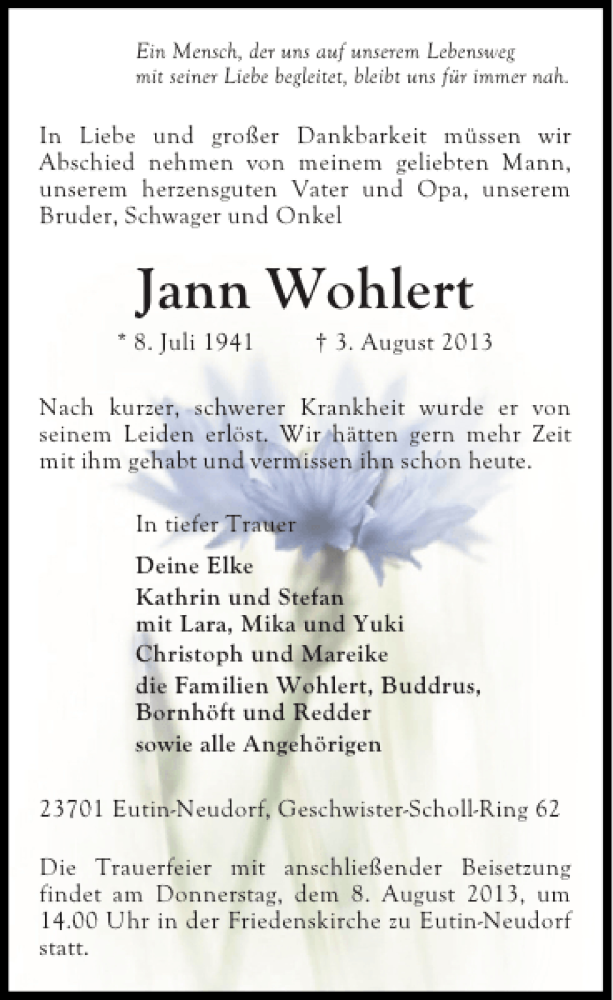  Traueranzeige für Jann Wohlert vom 06.08.2013 aus Ostholsteiner Anzeiger