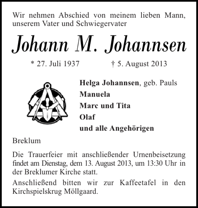  Traueranzeige für Johann M. Johannsen vom 08.08.2013 aus Husumer Nachrichten
