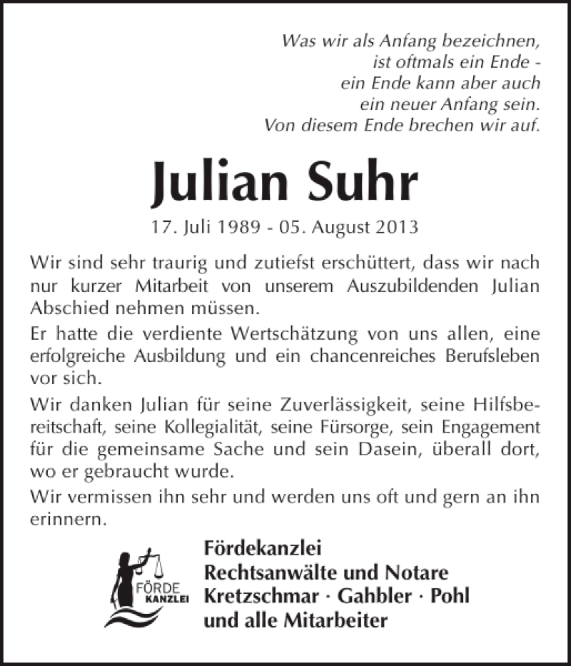  Traueranzeige für Julian Suhr vom 10.08.2013 aus Eckernförder Zeitung