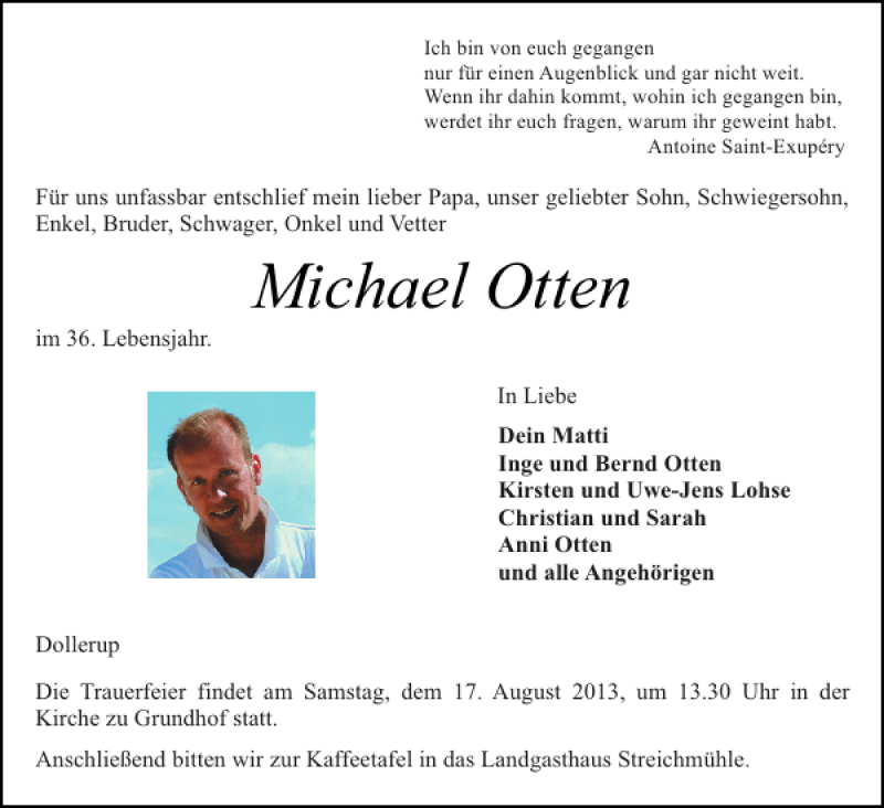  Traueranzeige für Michael Otten vom 12.08.2013 aus Flensburger Tageblatt