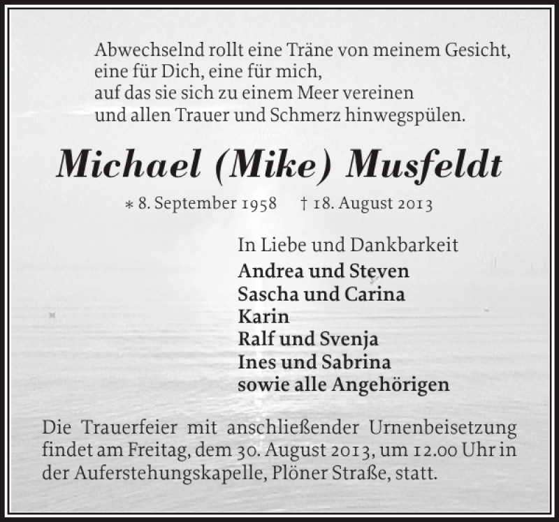  Traueranzeige für Michael Mike Musfeldt vom 24.08.2013 aus Holsteinischer Courier